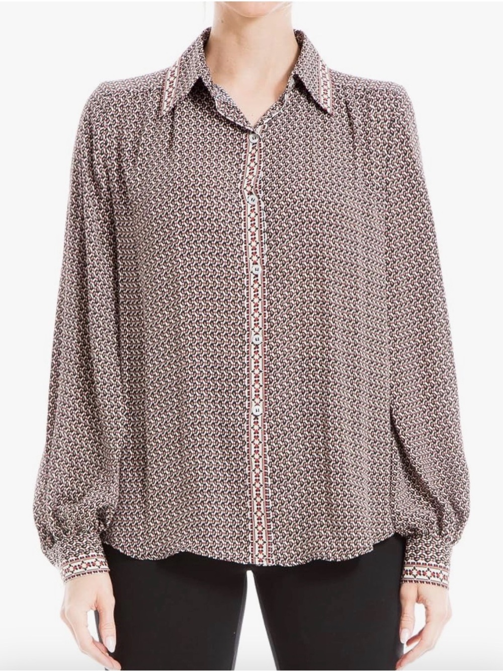 Max Studio Brown Printed Button-Front Long Sleeve Shirt
